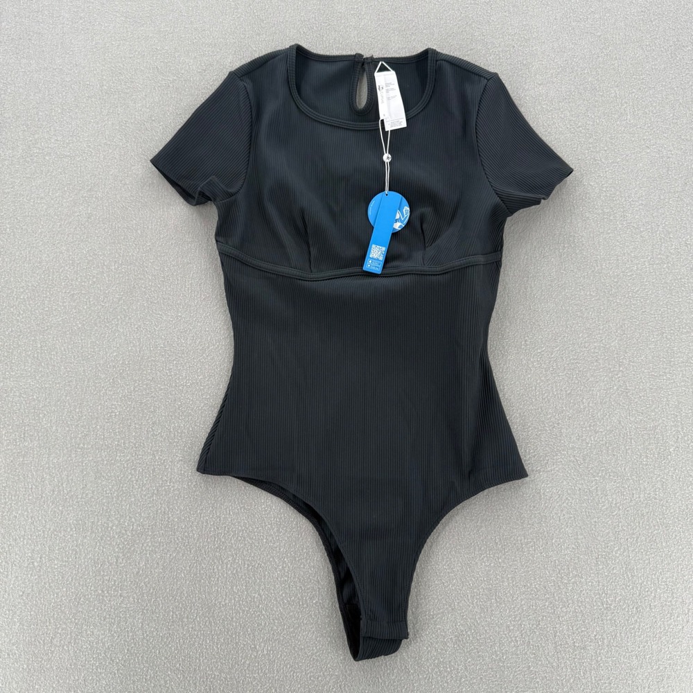 New Cupshe Angelica Black Round Neck Short Sleeve Cheeky Bodysuit Size S